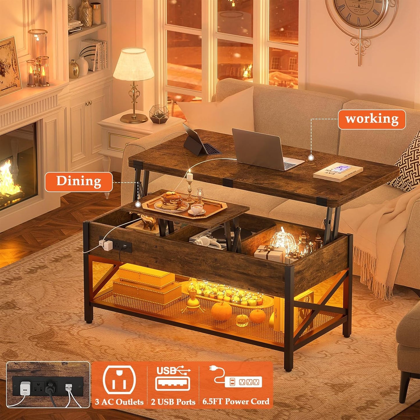 Aheaplus Coffee Table Lift Top with LED Light and Power Outlet, Multi-Function Coffee Table Converts to Dining Table, Center Table with Shelves for Living Room Reception Home Office, Rustic Brown