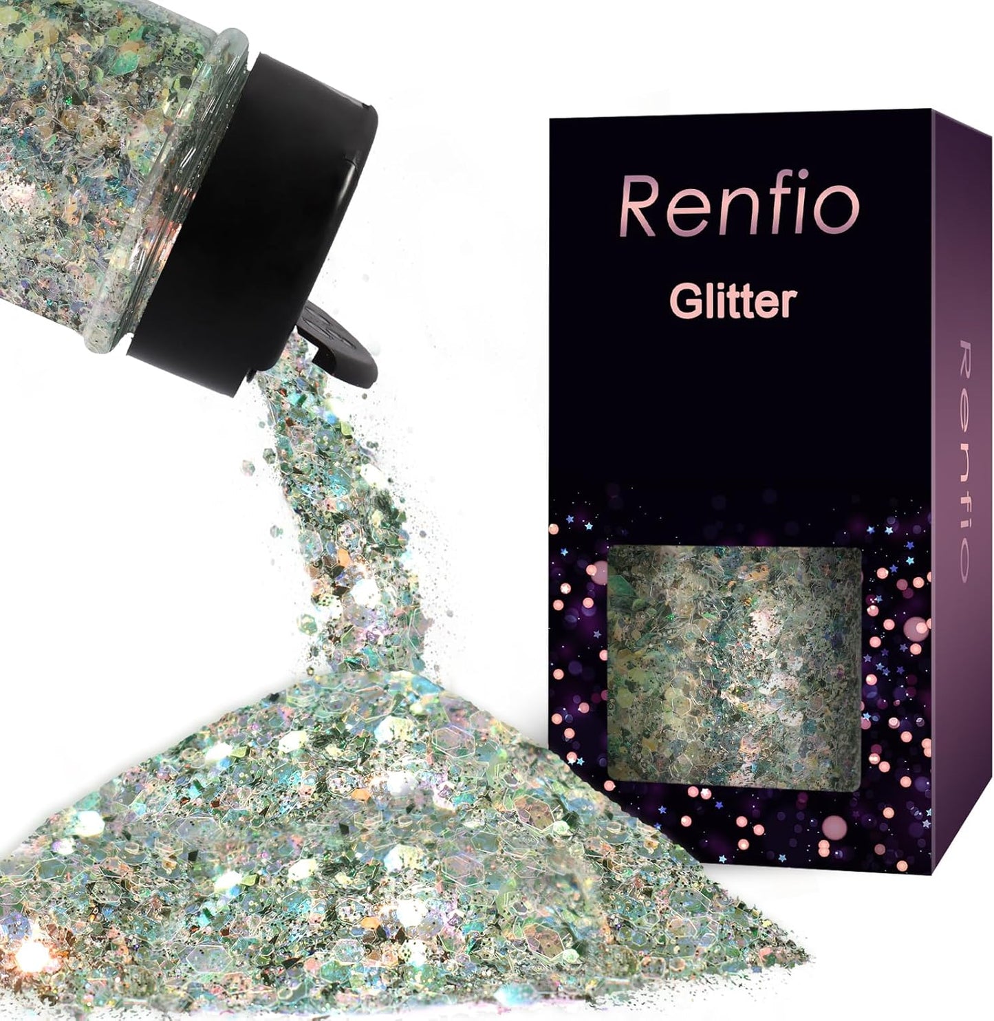 Renfio Opal Chunky Glitter - 1.75oz/50g Black Holographic Iridescent Glitters for Resin Nails Art, Hair, DIY Crafts & Snow