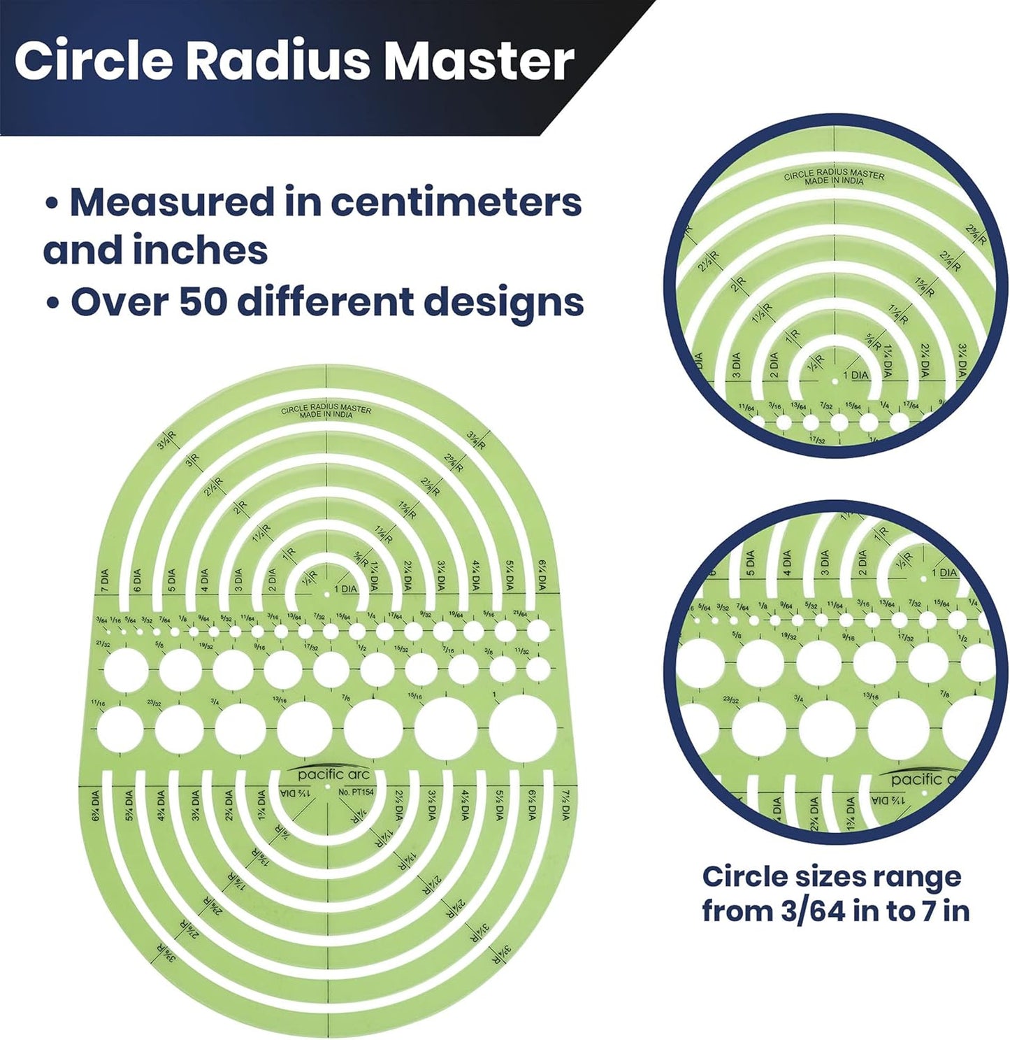 Pacific Arc Circles Radius Master Template Guide, from 1/2 Inch to 3 3/4 Inch Radius and 36 Perfect Circles from 3/64 to 1 Inches