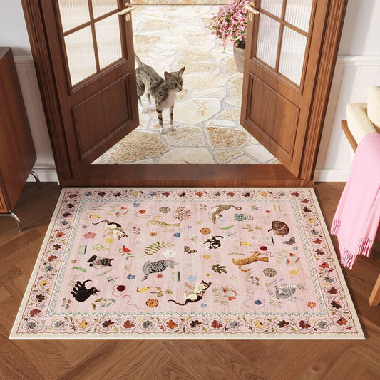 Rugcomf Door Mat Indoor Entrance 2x3 Rug Machine Washable Boho Floral Animal Cat Small Area Rug Non-Slip Low Pile Throw Rugs for Entryway Kitchen Front Door Indoor Entrance Entry Kids Room, Pink