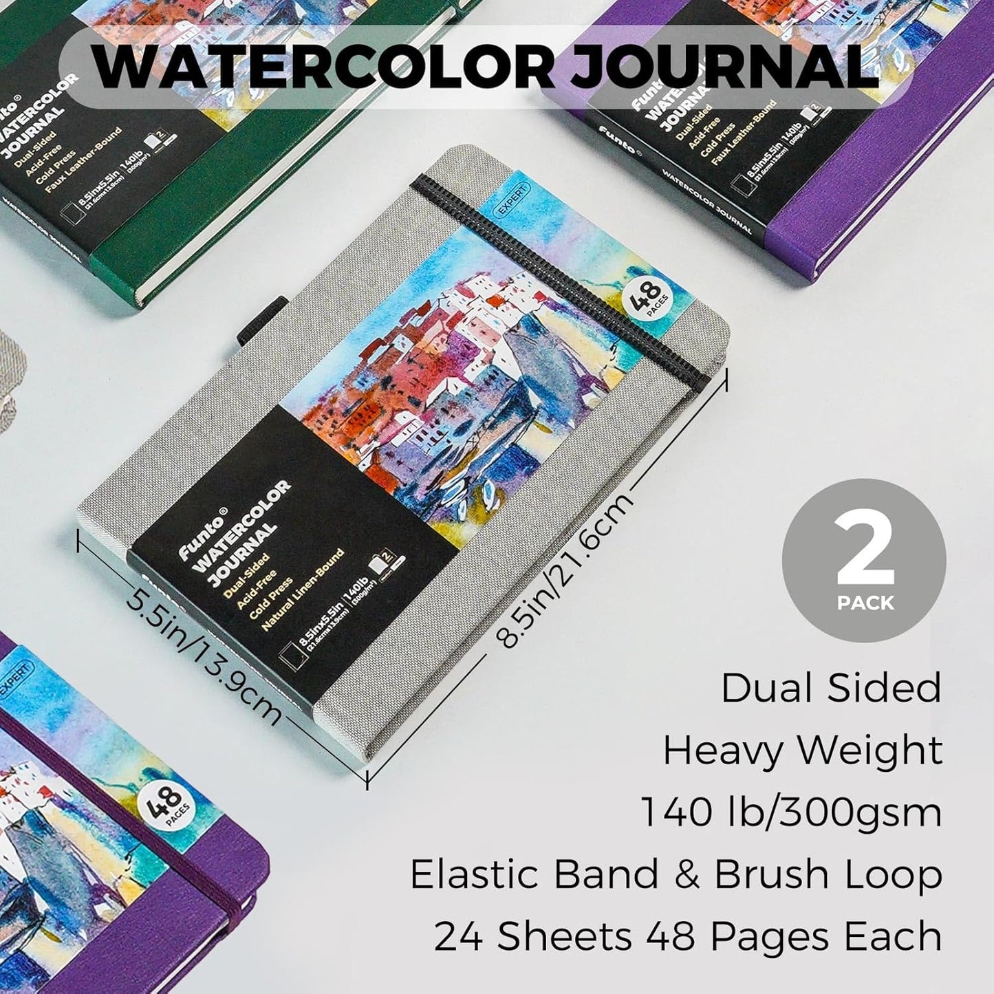 Funto Watercolor Journal, 8.5x5.5, 2 Pack, 48 Pages Each, Cold-Pressed, Inner Paper Pocket and Elastic Band, Art Supplies for Mixed Media