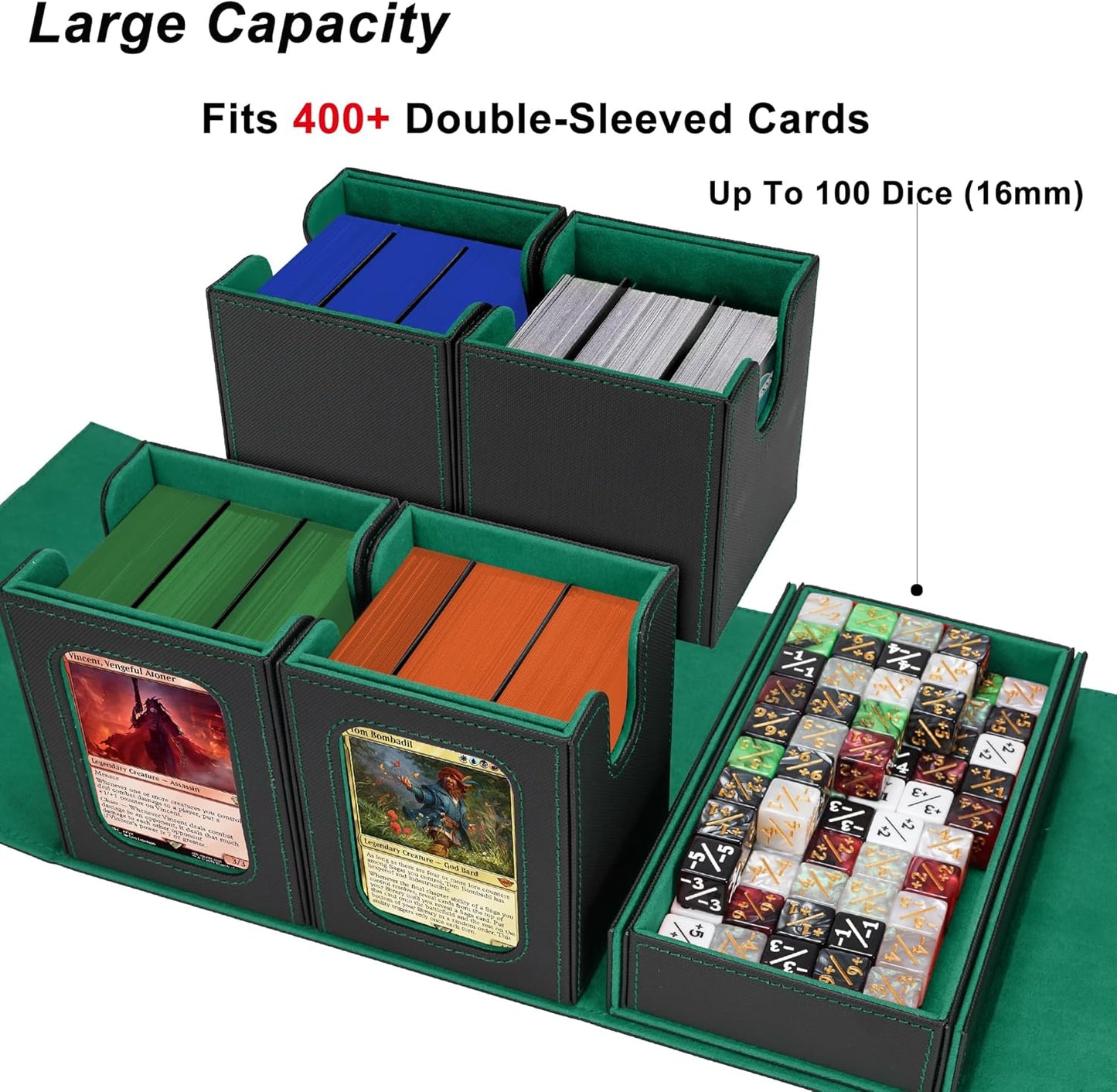 AFIING Commander Deck Box for MTG/EDH, Fits 400+ Double-Sleeved Cards, with Display Window, 4 Removable Deck Cases, Dividers, Dice Tray & Handle, Card Holders for TCG (Black Green)