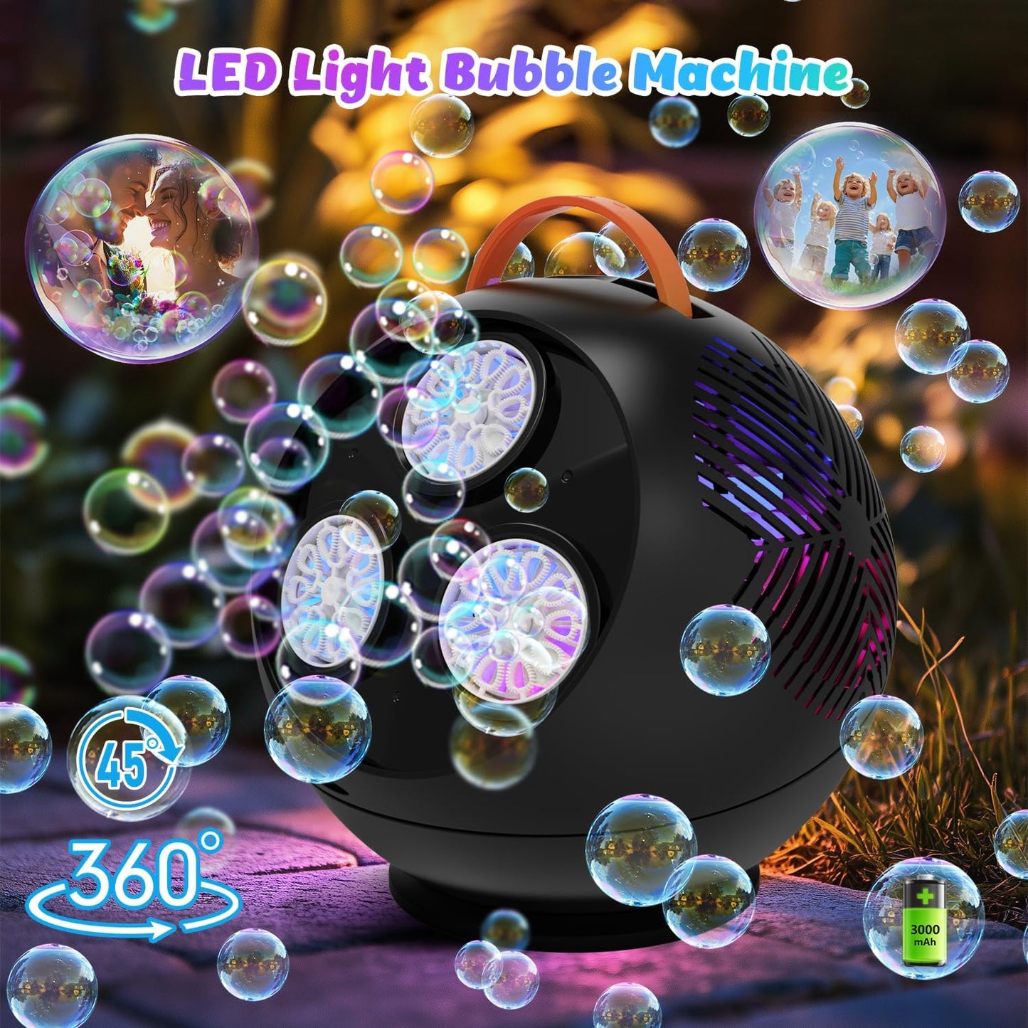 Bubble Machine for Kids Toddlers,45°/360° Auto Rotatable Spherical Bubble Maker Toy with LED Light,Rechargeable Bubble Blower for 3 4 5 Year Old,Wedding Party Easter Birthday Gifts (Spherical Black)
