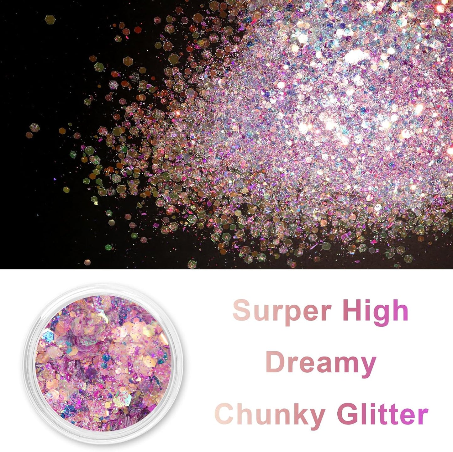 Renfio Opal Chunky Glitter, 1.75oz/50g Pink Glitter, Dreamy High Sparkle Glitter for Crafts Holographic Fine Glitter Mix Iridescent Glitters Flake for Resin Nails Art Hair DIY Snow Globe - Pink Coast