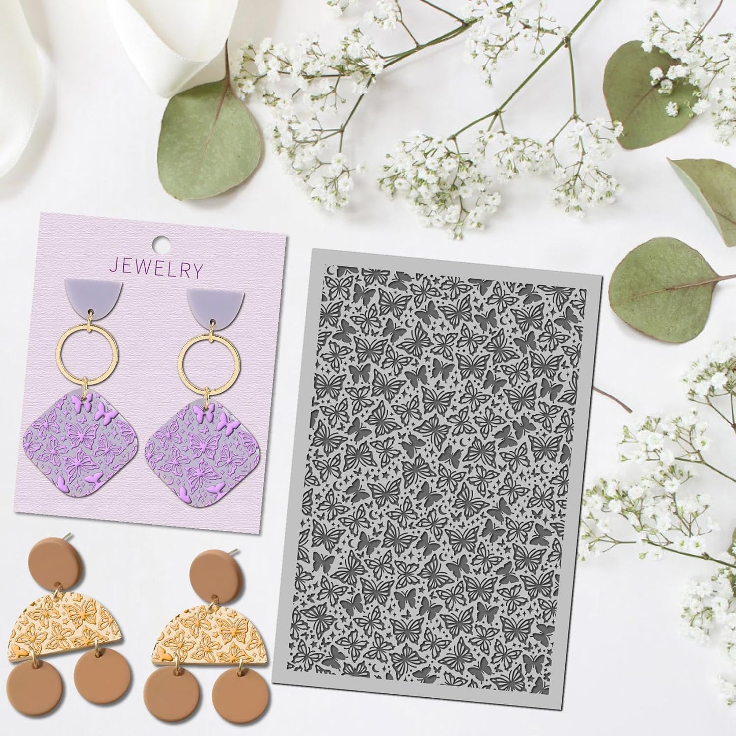 Arbuya Butterfly Polymer Clay Texture Mat - Butterflies Texture Sheet for Polymer Clay Jewelry Making, Earring Charms, DIY Craft Supplies