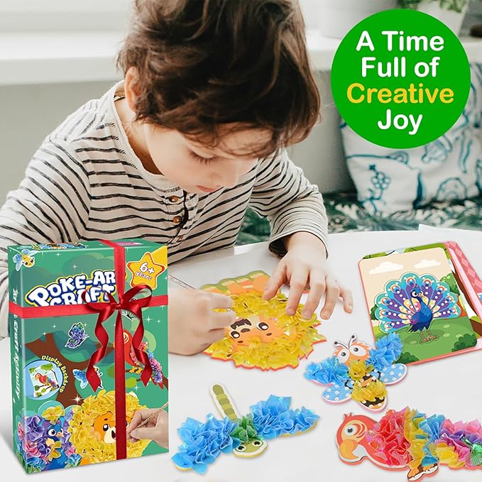 Ancitoy Animal Poke Art Kit for Kids, 7 PCS Mess-Free Craft Toys, DIY No-Sew Jungle Animal Puncture Painting Set, Creative Activity Gift for Girls Boys Ages 4-12