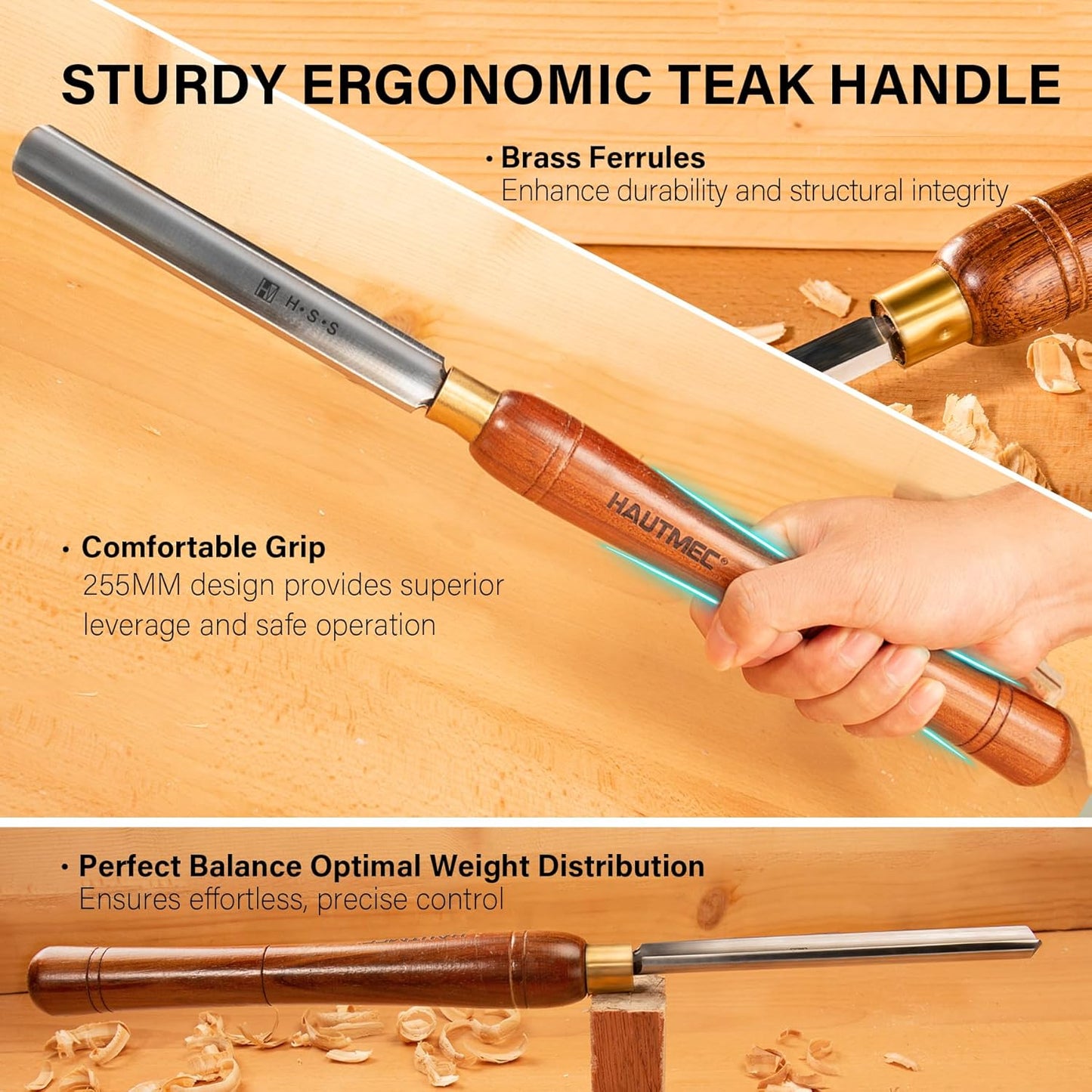 HAUTMEC Pro HSS Wood Lathe Turning Chisel Set 8 Pcs, Lathe Chisel Set with 3 Gouge 2 Skew 1 Spear Point 1 Parting 1 Round Nose Tools with 1680D Tool Bag for Professionals and Beginners - HTWCH25028