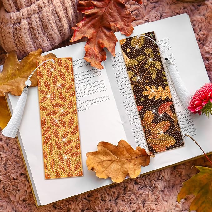 8 Pieces Fall Diamond Art Bookmarks 5d Maple Leaves Bookmark Acrylic Tassel Bookmark for DIY Making Beginners Kids Adults Arts Craft Supplies (Fall)
