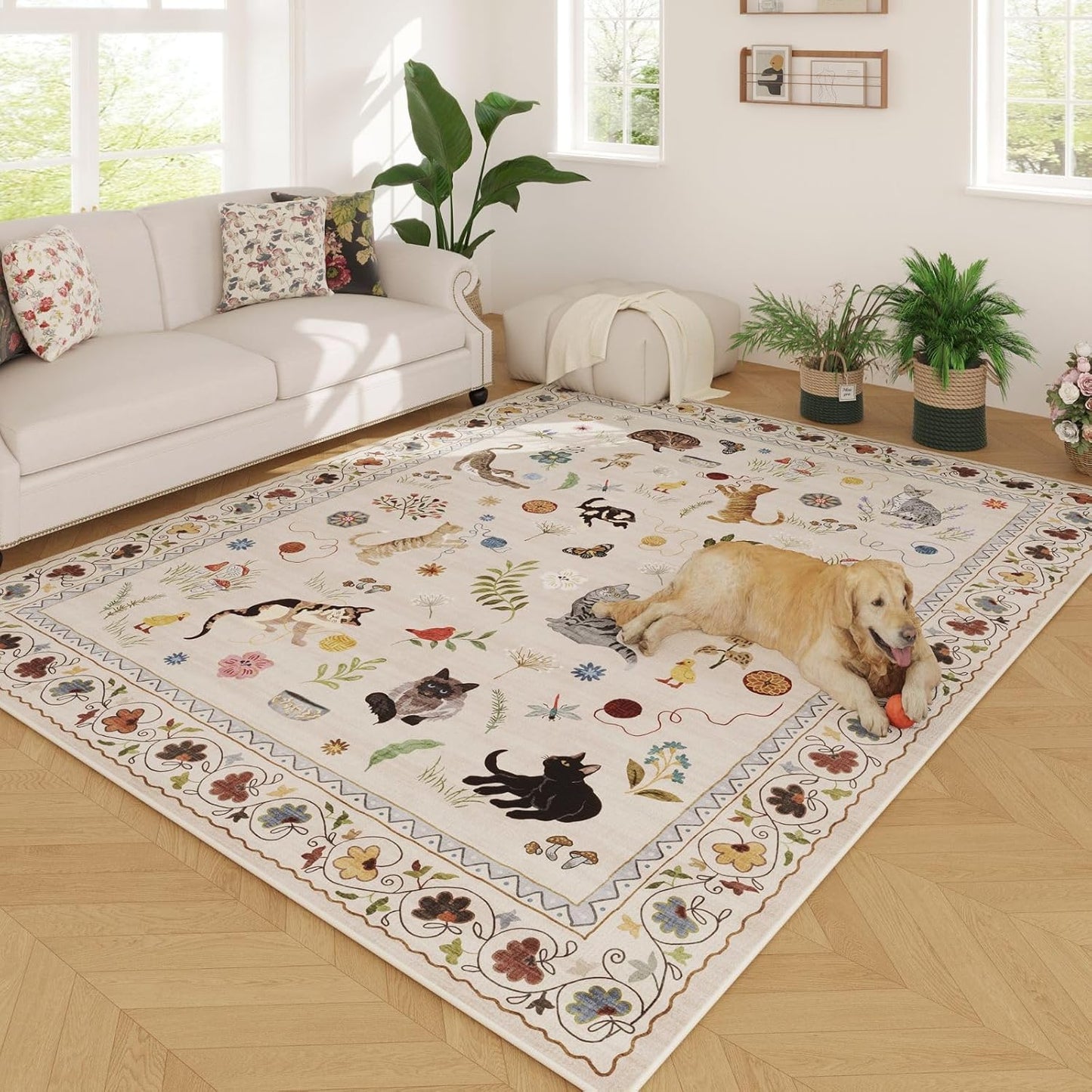 Rugcomf Living Room Rug 6x9 Rug Machine Washable Boho Area Rug Non Slip Floral Animal Cat Vintage Low Pile Large Rug for Living Room Bedroom Farmhouse Dining Room Kids Playroom, Beige