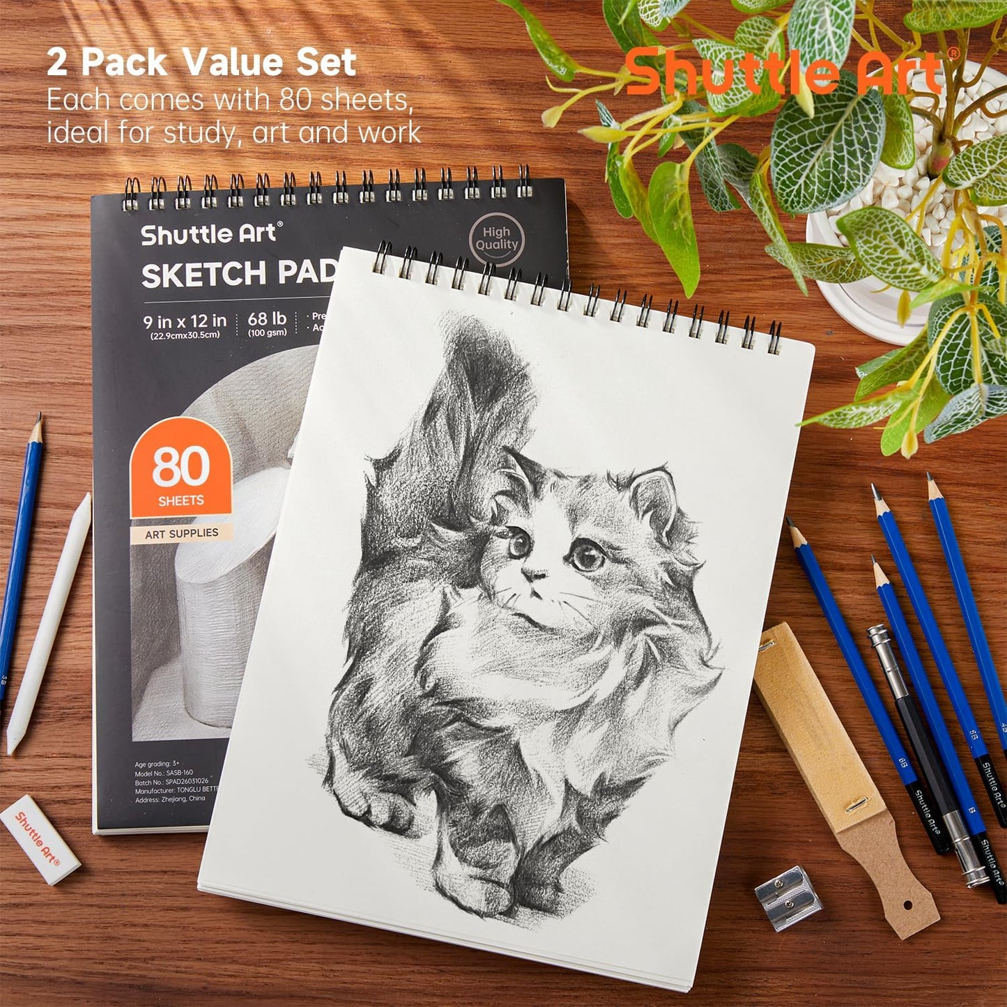 Artists Sketch Books, 9 x 12 Shuttle Art 160 Sheets of Sketch Paper pad Ideal for Drawing and School Supplies (2 Pack)