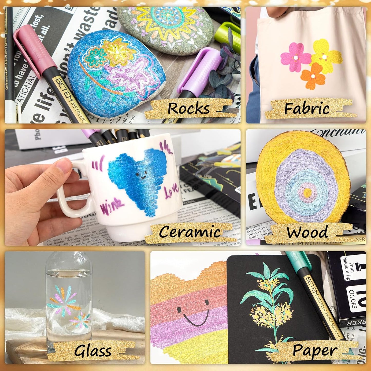 Betem Metallic Paint Markers, 10 Colors Acrylic Paint Markers for Black Paper, 2mm Medium Tips Metallic Glitter Pens Scrapbooking Supplies, Pumpkin Painting Kit for Rock Painting, Cards, Photo Albums