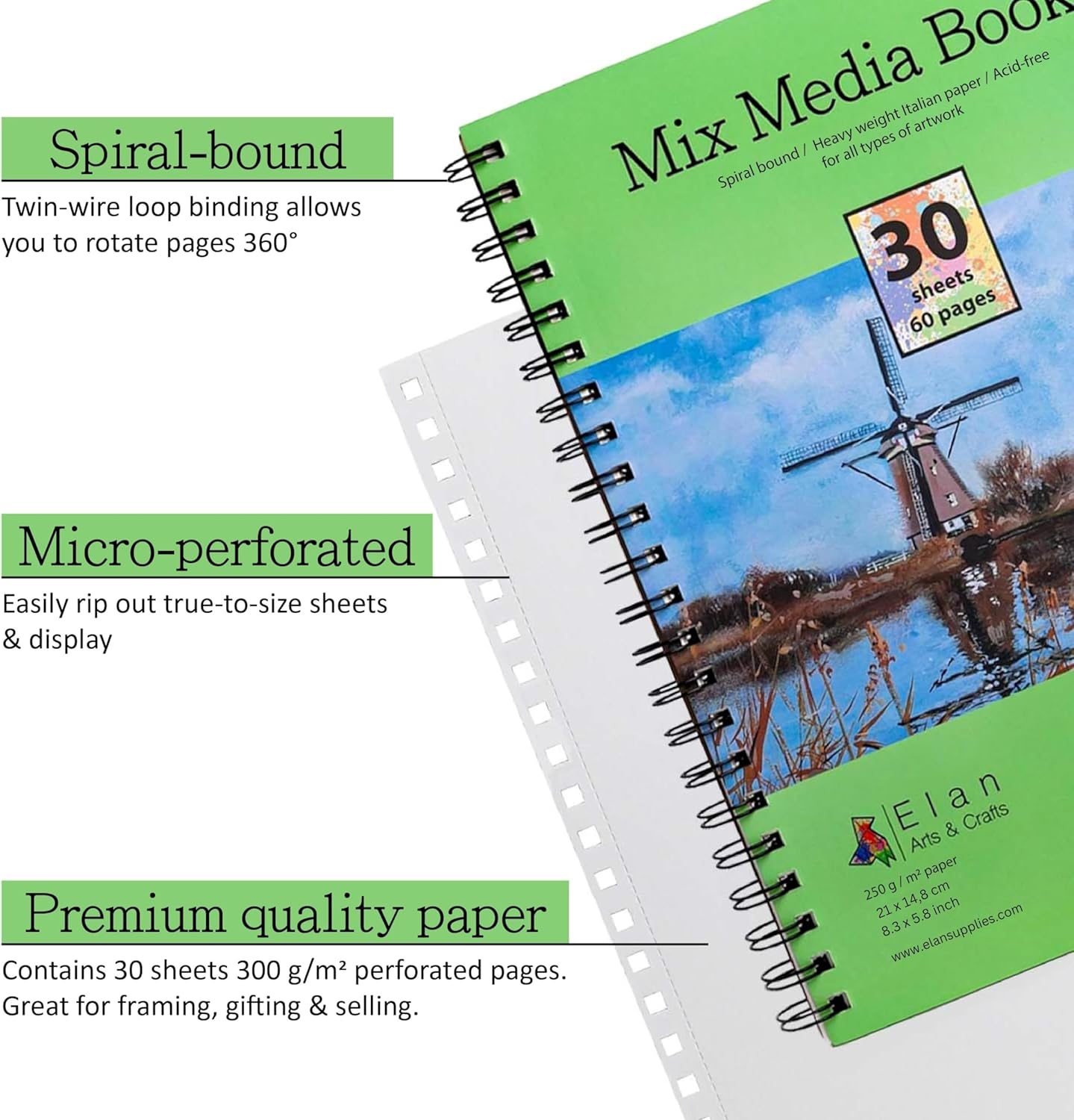 Elan A5 Mixed Media Journal, 30 Sheets Italian Paper 110 lb/250 GSM, Acid-Free Mixed Media Sketchbook 8.3x5.8 Inch, A5 Sketchbook Spiral Bound