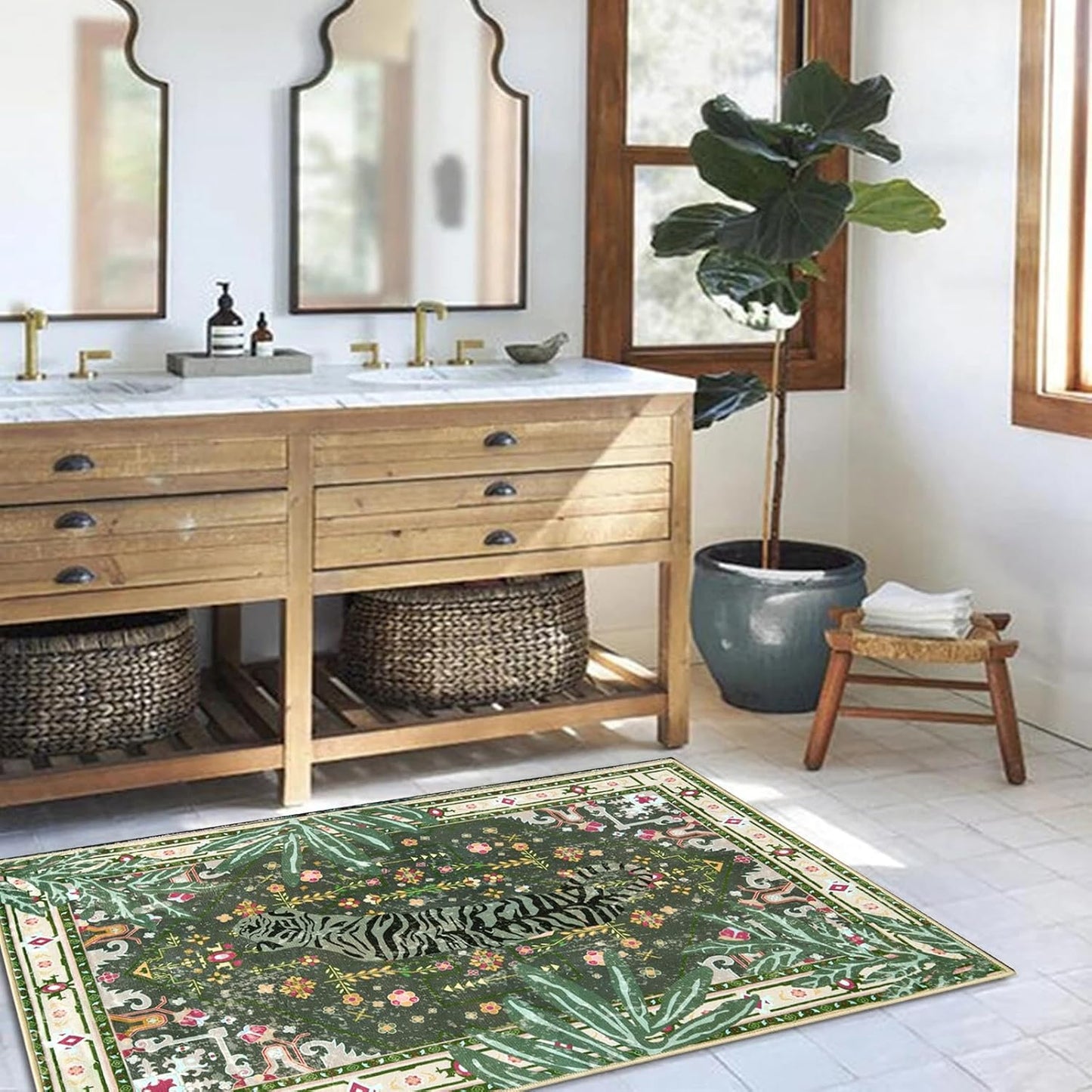 Oriental Tropical Entryway Rugs Washable, Greyish Green Boho Vintage Distressed Hippie 2x3 Throw Rugs for Bathroom Kitchen Entryway Indoor Non-Slip Abstract Botanical Tribal Accent Carpet