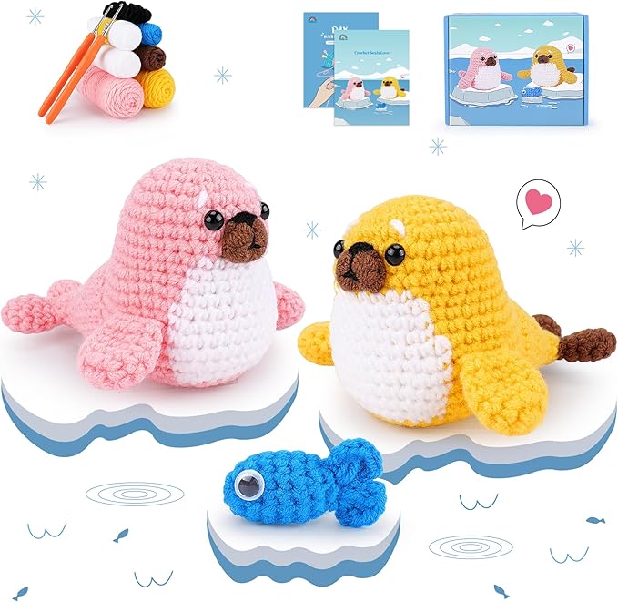 Fortuning's JDS Crochet Kit for Beginners - Seal Crochet Kits with Step-by-Step Video Tutorials, Beginner Crochet Kit for Adults Kids, Crochet Animal Kit, 2 PCS Seals with a Fish Crocheting Set