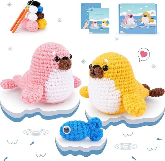 Fortuning's JDS Crochet Kit for Beginners - Seal Crochet Kits with Step-by-Step Video Tutorials, Beginner Crochet Kit for Adults Kids, Crochet Animal Kit, 2 PCS Seals with a Fish Crocheting Set