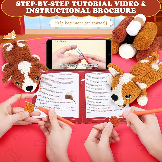 Fortuning's JDS Crochet Kit for Beginners, 2 Adorable Corgi Dog Crochet Animals Kits, Easy Beginner Crochet Kit for Adults & Kids, Women & Men, DIY Craft Knitting Kit with All Supplies
