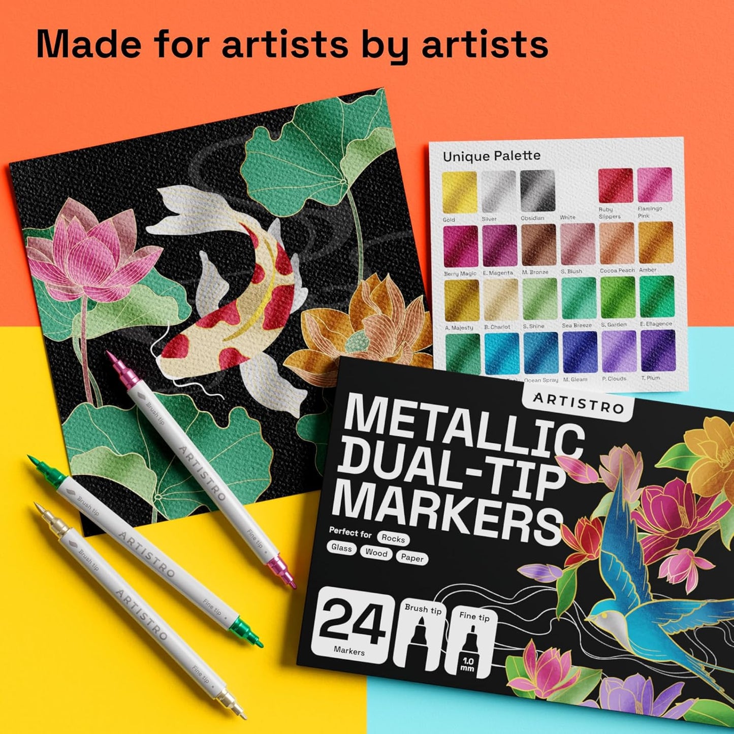 ARTISTRO 24 Metallic Dual Tip Brush + Fine Acrylic Paint Markers - Easy for All Ages & Levels Paint Pens for Fabric, Rock, Glass, DIY - Halloween Pumpkin Painting Kit, Art Supplies, Christmas Gift