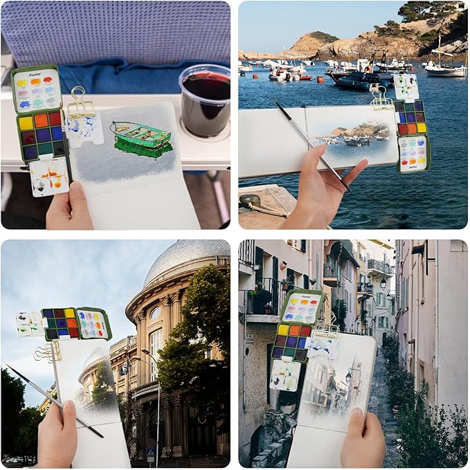 Funto Mini Watercolor Travel Set, Travel Kit with 2 Foldable Palettes, 9 Colors, Mini Color Paint Set for Creative Artists