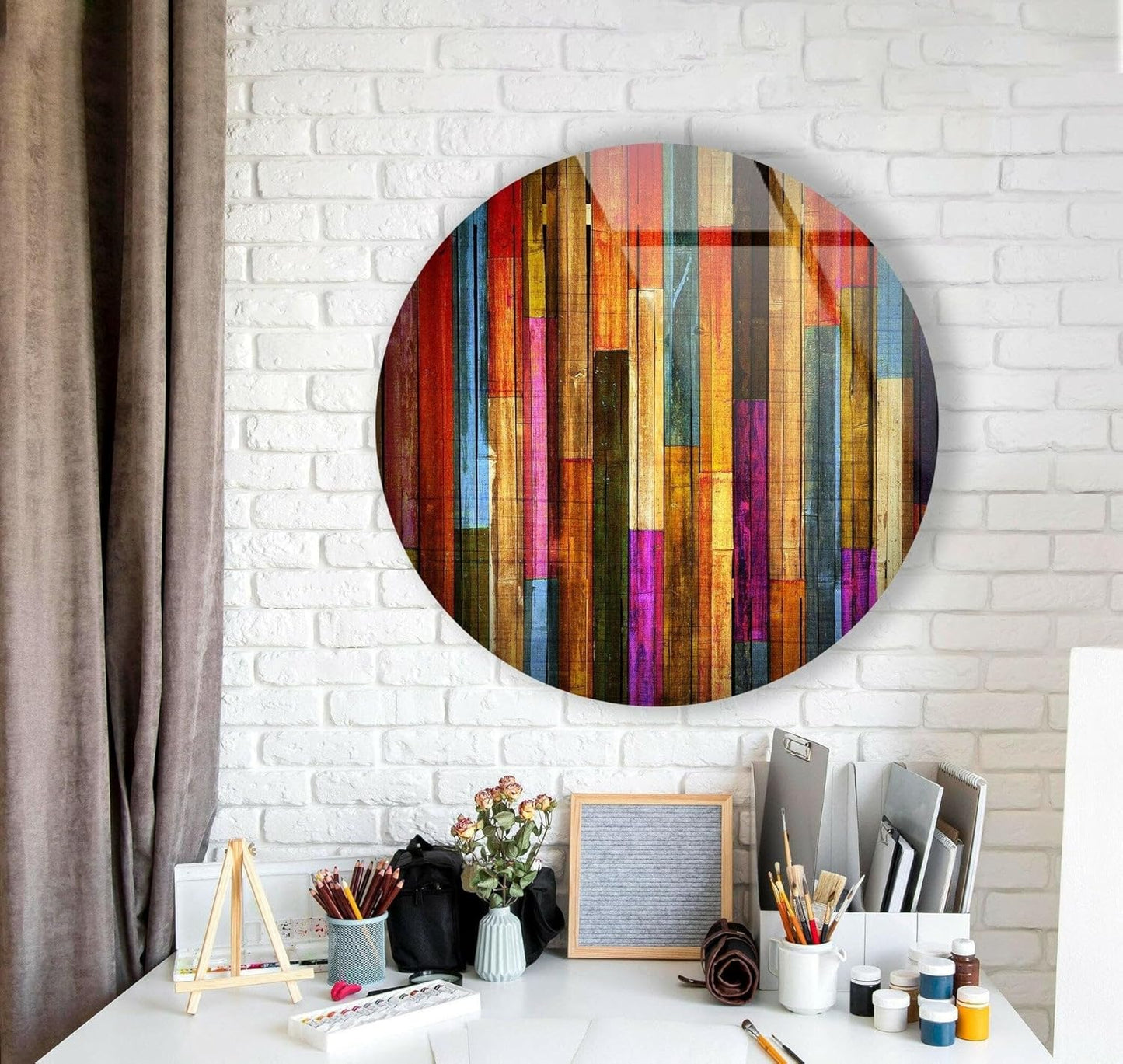 My Photostation.com 15.8''(40cm) Diameter Colorful Wood Pattern Round Glass Wall Art Tempered Glass Printing Wall Decor Large Wall Art Wall Hangings