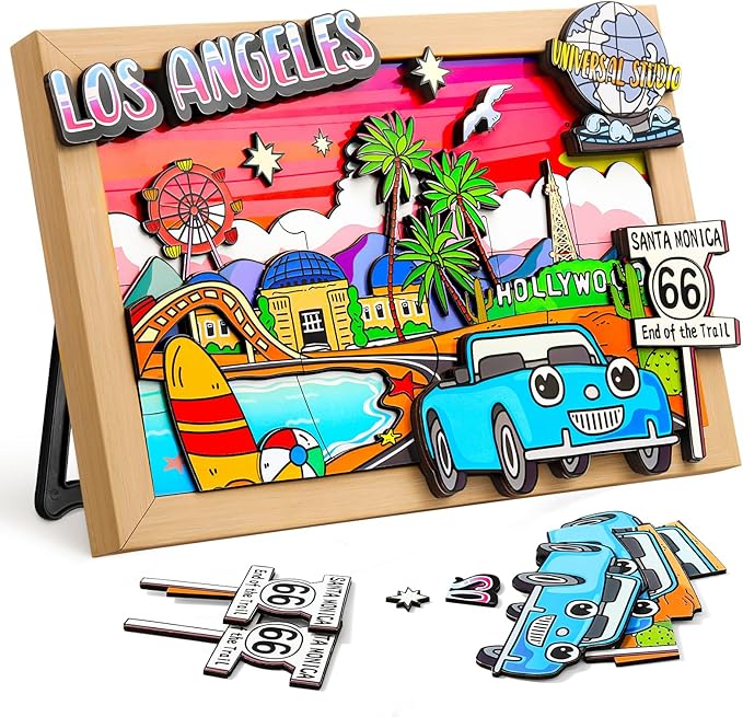 Art Crafts Gift for Kids 4-8ages 3D Wooden City Landmark Series Frame Kit for Kids - DIY Los Angeles Cartoon Style Puzzle Toys Perfect Wall Art and Tabletop Decoration