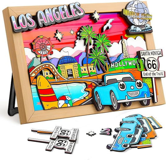 Art Crafts Gift for Kids 4-8ages 3D Wooden City Landmark Series Frame Kit for Kids - DIY Los Angeles Cartoon Style Puzzle Toys Perfect Wall Art and Tabletop Decoration