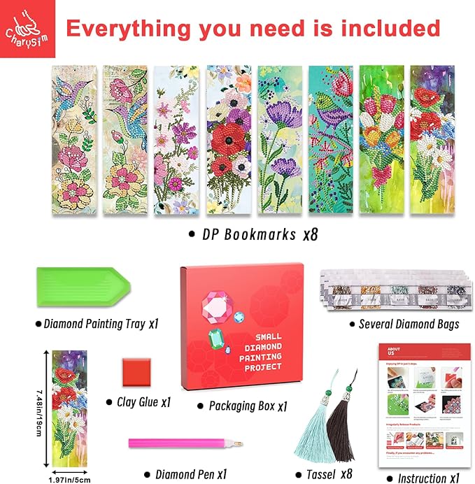 8 Pcs Diamond Art Painting Bookmarks Kit for Adult, DIY Diamond Paint Corner Book Makers Set, Small Dimond Art Kits, Art Crafts Kit Gifts for Women Mandala Flower Hummingbird
