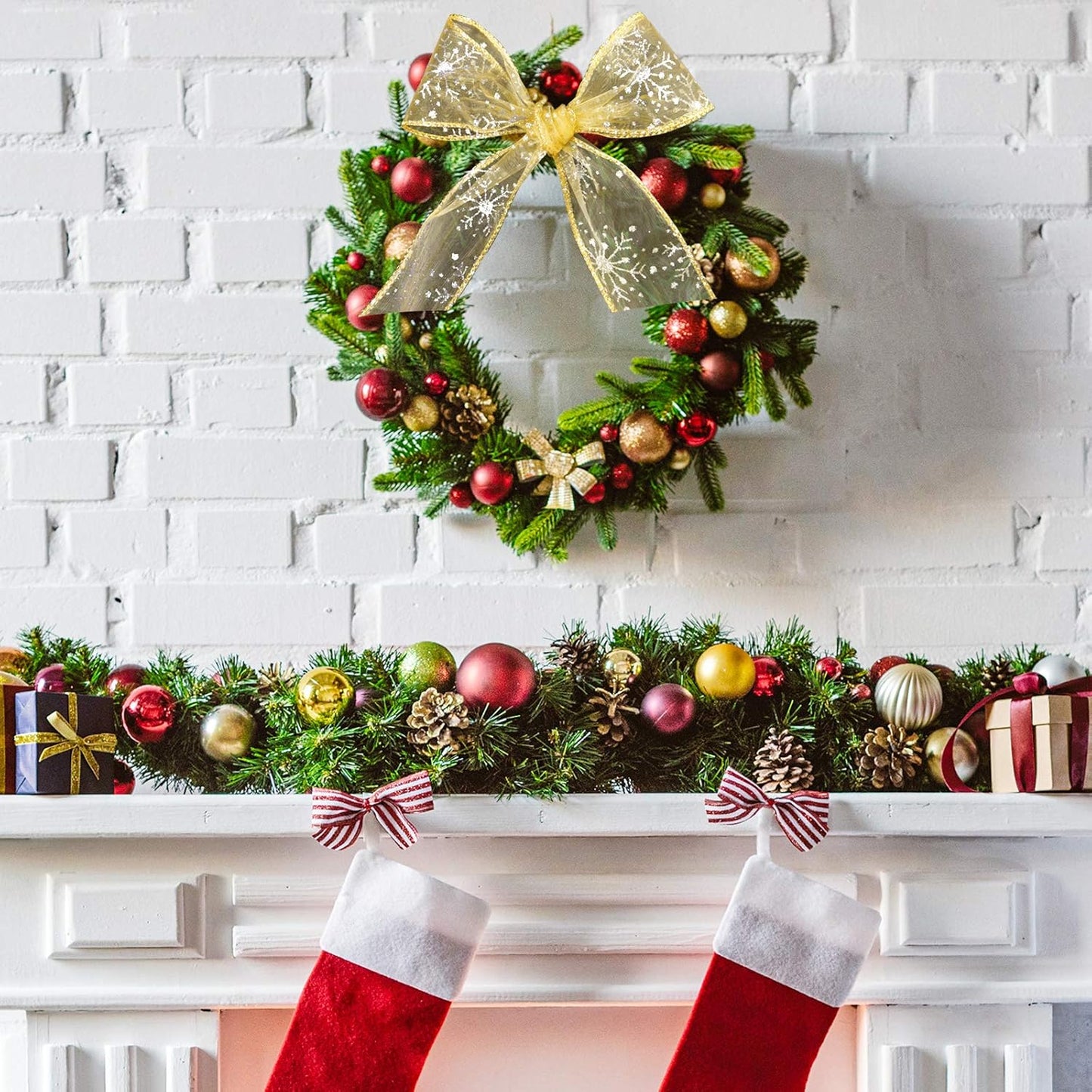 2.5 Inch Wide Christmas Wired Ribbon Snowflake Organza Sheer Glitter Ribbon for Xmas Tree, Wreath, Party Decoration, Gift Wrapping (Golden, 21.9 Yards)