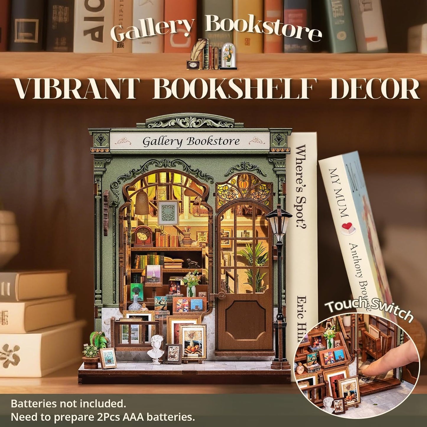 Cutefun Book Nook Kit - DIY Miniature Dollhouse Kit for Adults and Teens, 3D Wooden Puzzle Library Mini House Building Kit with LED Bookshelf Insert Decor Creative Gifts (Gallery Bookstore)