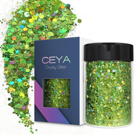 Ceya Holographic Chunky Glitter, 4.9oz/ 140g Light Green Craft Glitter Powder Mixed Chunky & Fine Flakes Iridescent Nail Sequins for St Patricks Day Party Decor, Epoxy Resin, Tumblers, Slime, Painting