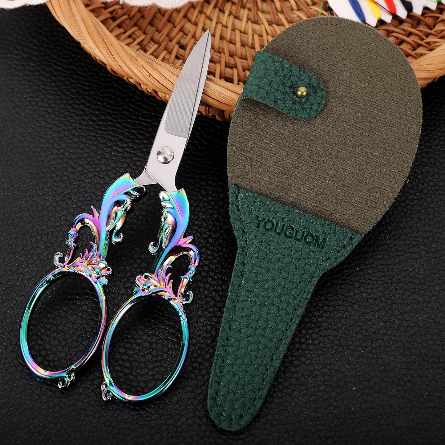 Crafting Scissors, 5.3in Sharp Multipurpose Fabric Scissors with Sheath, Arts Sewing Quilting Office Home School Paper Cutting Shears, Rainbow Large Handles