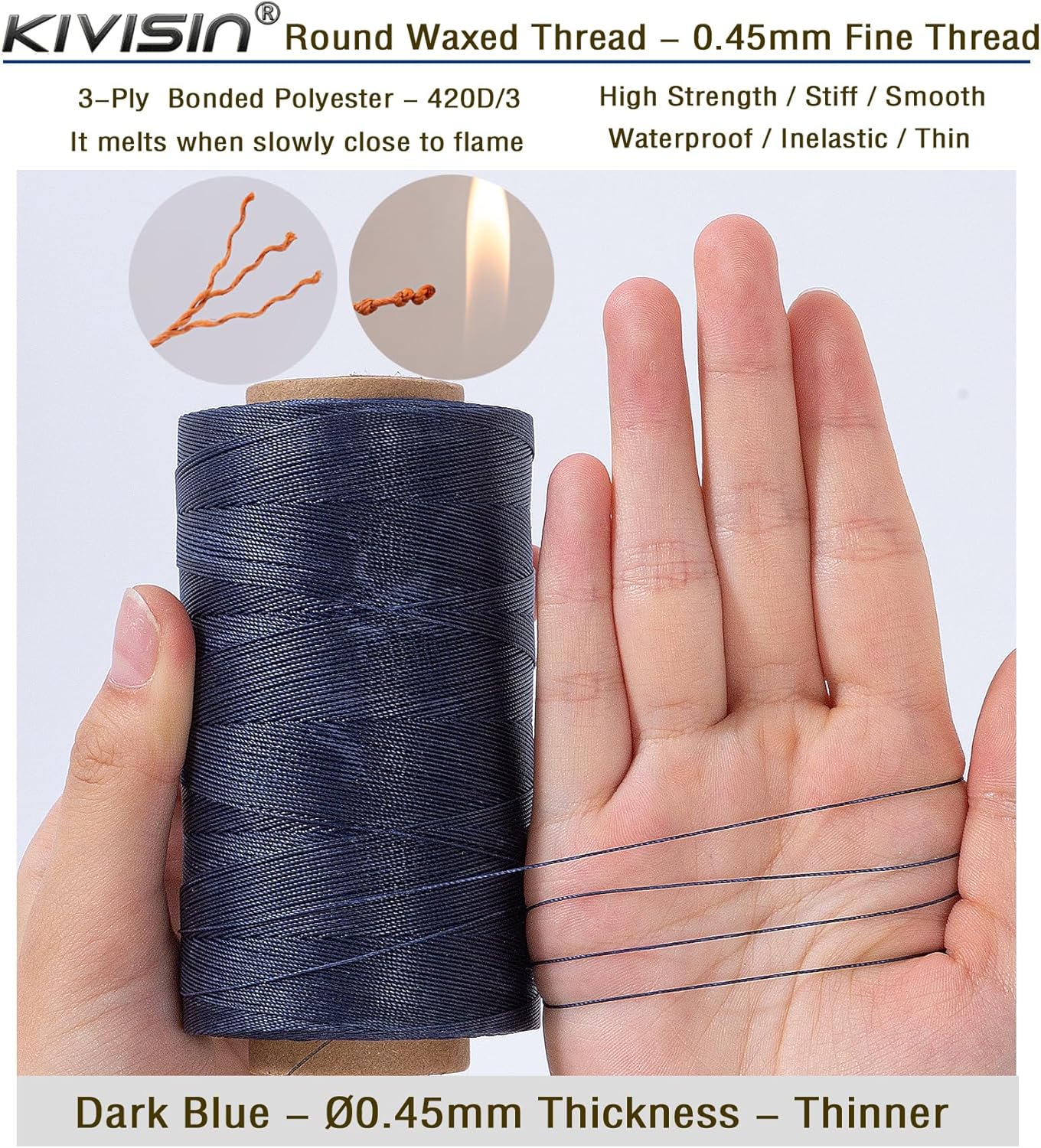 Thin Round Waxed Thread 0.45mm, 600 Yards, Dark Blue, Light Duty Polyester Wax Coated String for Leather Sewing, Upholstery, Beading, Micro Knotting, Bracelets and Macrame Jewelry Making