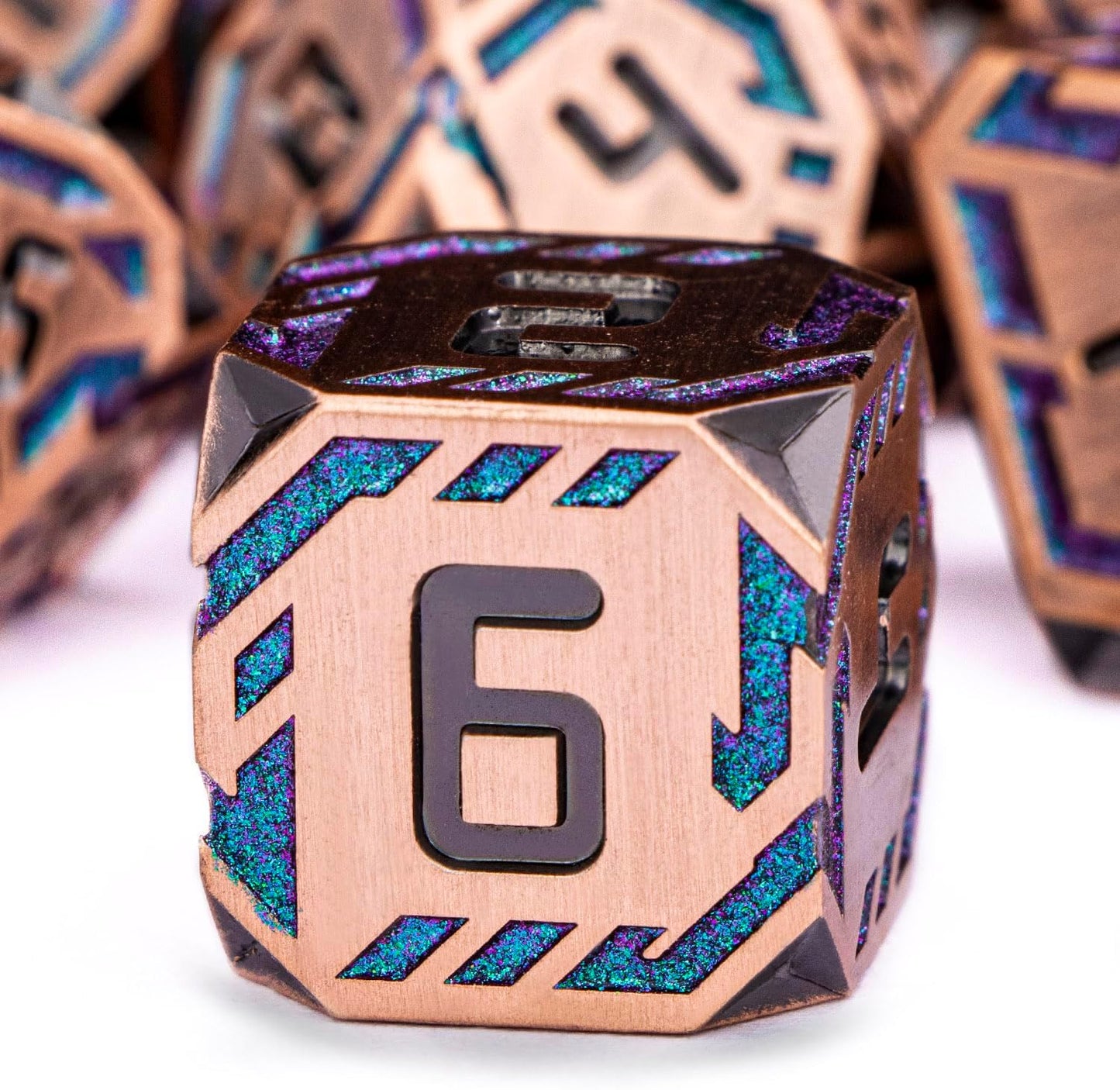 Metal DND Sci-fi Dice Set 7PCS Stripe Polyhedral Dice for Dungeons Dragons RPG Role Playing Game, Glitter D and D Dice with Gift Box D6 D8 D10 D12 D20 (Ancient Bronze&Green Purple)
