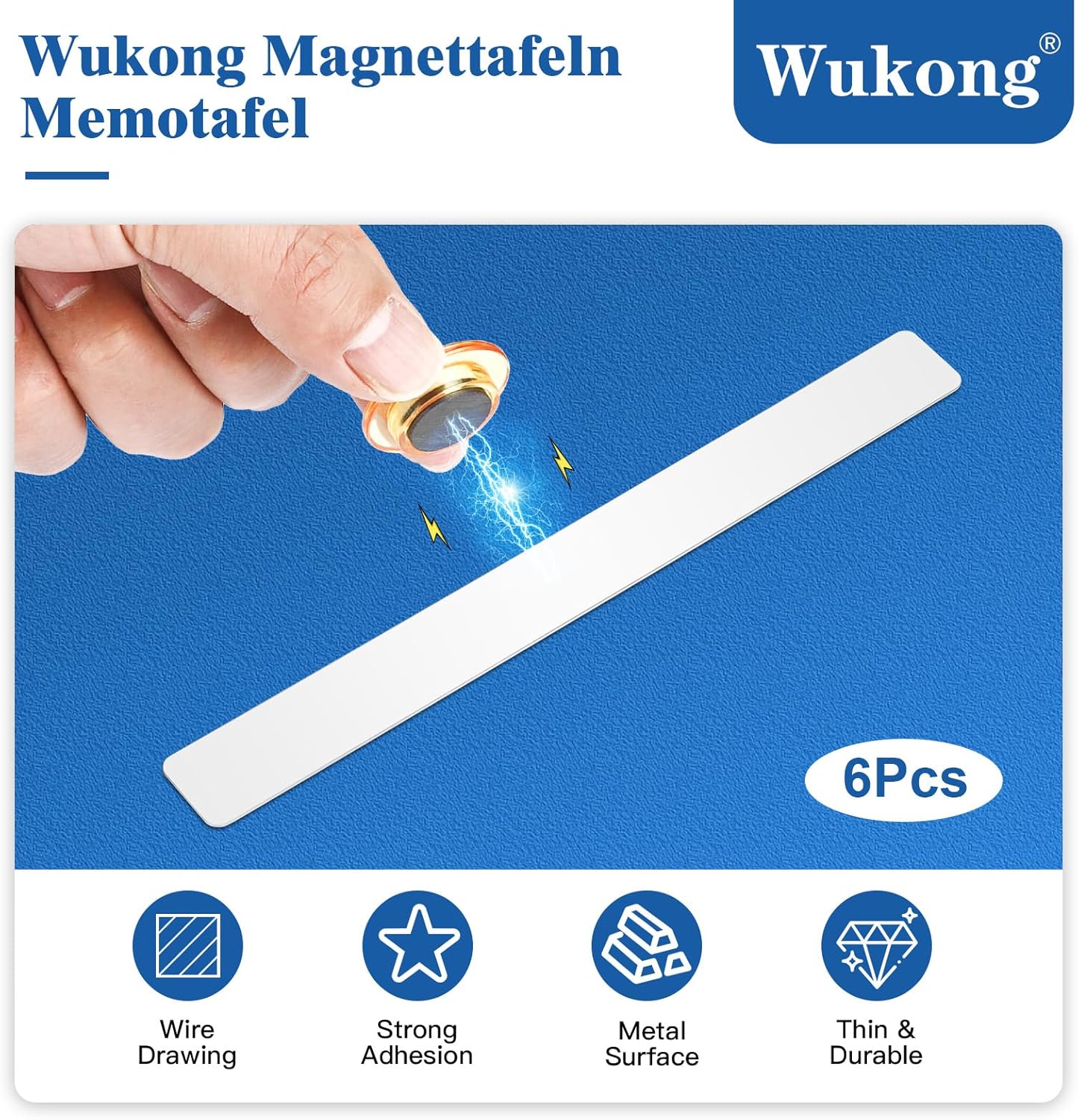 Wukong 6 Pack | 30x3cm(11.81 x 1.18) Magnetic Stainless White Boards Strips, Adhesive Backing Bulletin Bar Board, Memo Board with 16Pcs Colorful Magnets for Office, Home, Photo Wall, Documents