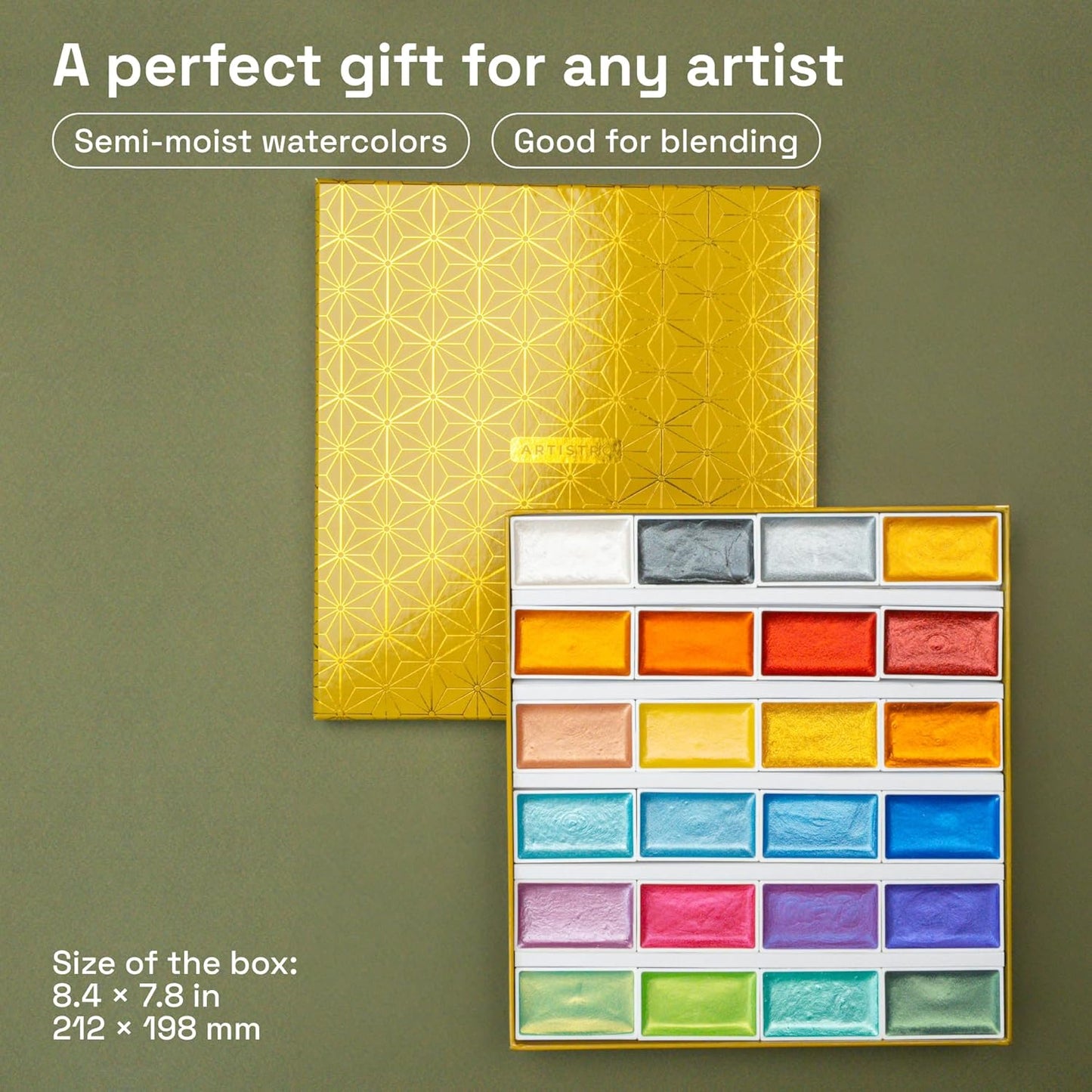 ARTISTRO Professional Metallic Watercolor Paint Set for Adults - 24 Pigment-Rich Colors, XL Pans, ASTM-I Lightfastness, High Tinting Strength Watercolor Set for Professionals made by professionals