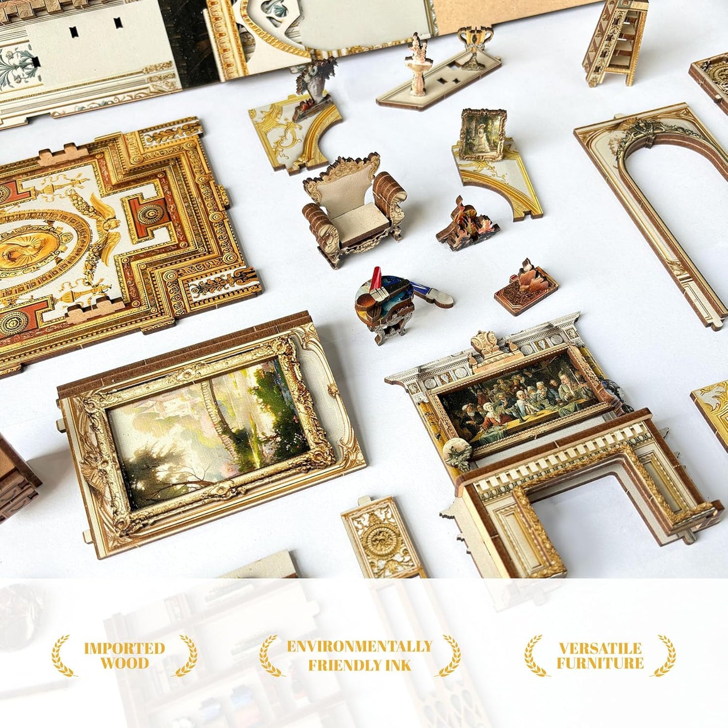 Book Nook Kit, DIY Miniature Dollhouse Kit Book Nook, 3D Wooden Puzzle Bookends for Bookshelf Insert Decor with LED Light for Teens and Adults (Baroque Dreams)