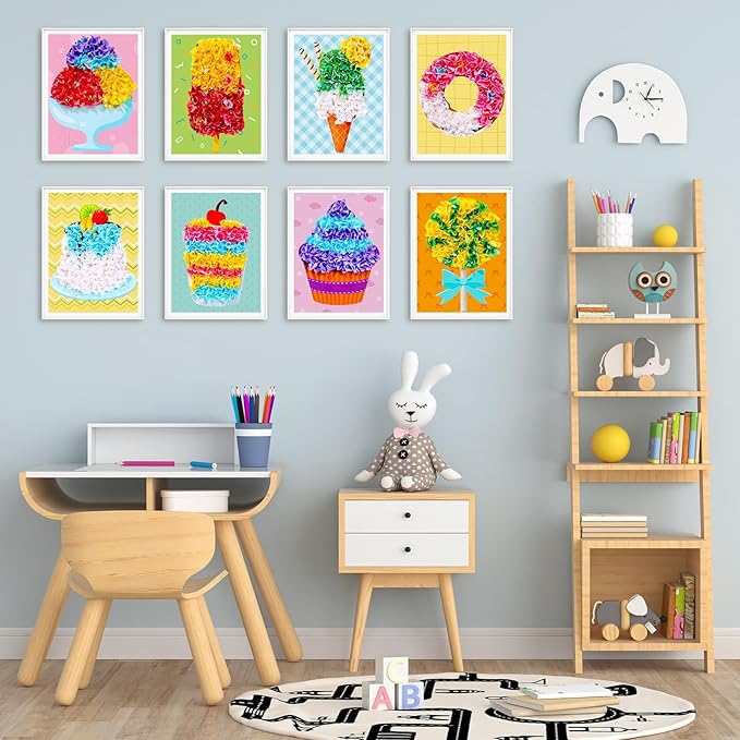 8PCS Poke-in Craft and Art Kit Dessert Cake Theme No-Mess Fabric Sewing Art Puzzle Puncture Painting Ice Cream Donut Toy Gift for Creative Activity Game Birthday Party