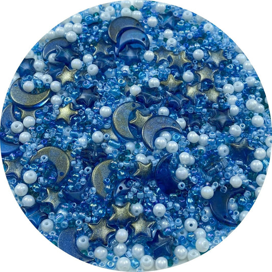 Assorted Glass Beads for Jewelry Making Multi Size Colors Glass Star Moon Seed Pearl Spacer Beads for Bracelets Necklace Earring Making(White Ink Blue)