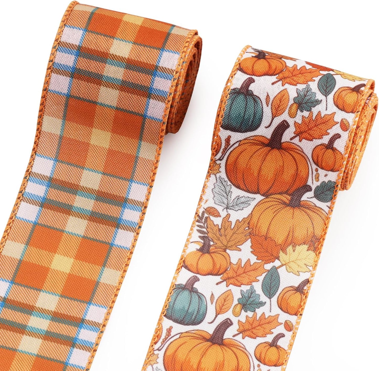 2 Rolls Fall Pumpkin Craft Ribbons for Wreath Bows, 2.5"×10 Yards Thanksgiving Wired Edge Ribbon Orange Burlap Autumn Leaves Wired Ribbons for Crafting Sewing Supplies