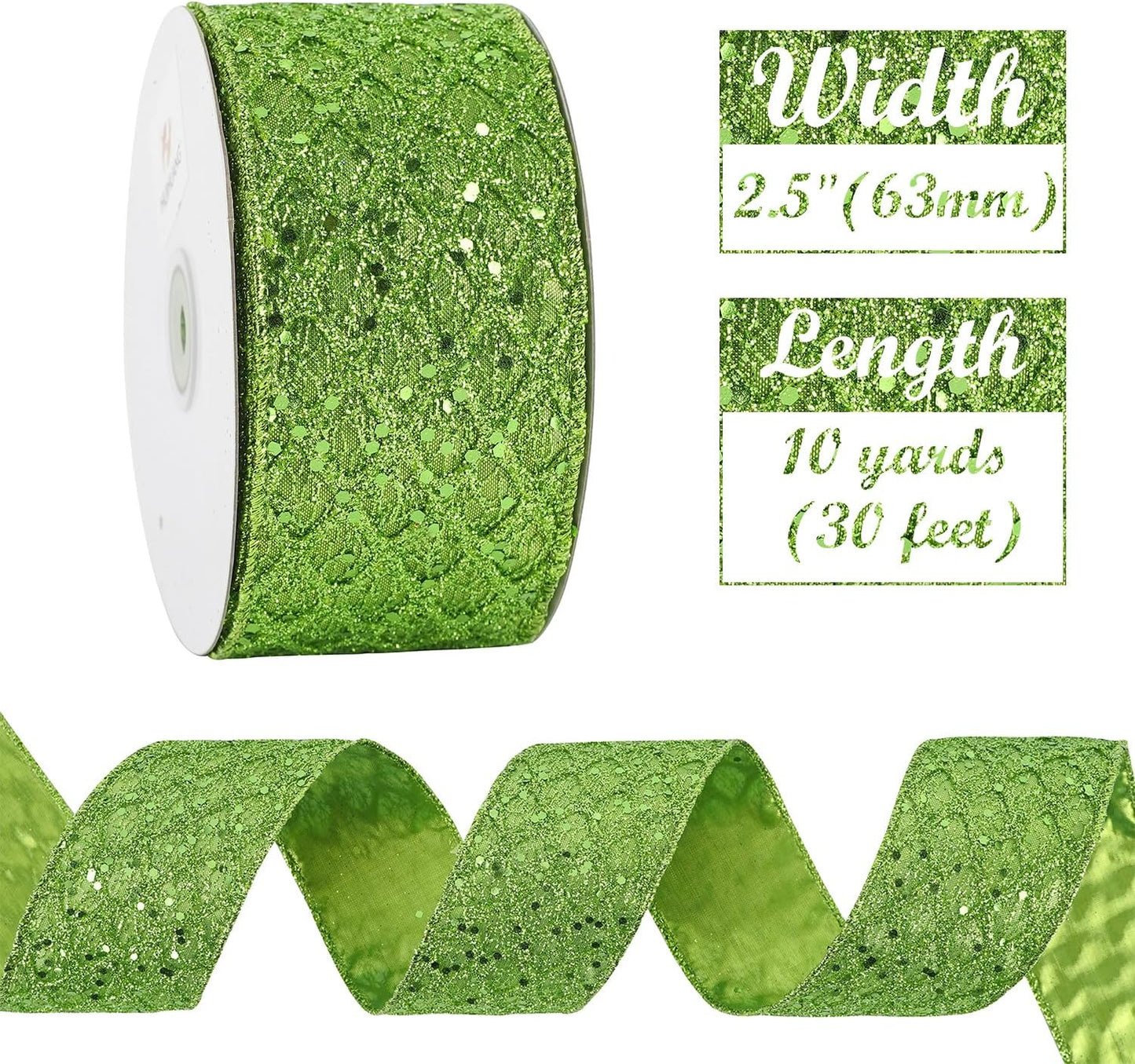 HUIHUANG Lime Green Wired Ribbon for Christmas Tree 2.5 inch Lime Green Glitter Diamond Mesh Ribbon for Tree Decoration, Wreaths, Garland, Gift Wrapping, Bows Making, Halloween Decor -10 Yards