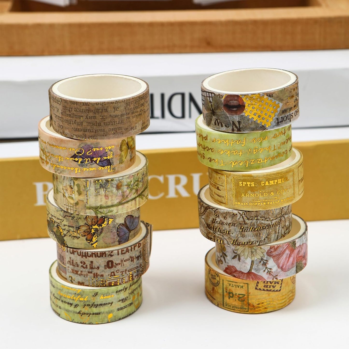 12 Rolls Charming Washi Tape Set Gold Silver Foil Detailing Arts Adhesive Tapes Basic Patterns Decorative Masking Tape Sets for Craft, Kids, Scrapbook, DIY, Gift Wrapping (Vintage Elegance)