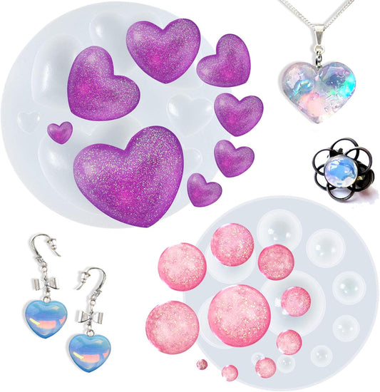 Cabochon Gemstone Epoxy Resin Casting Silicone Molds Include Heart, Dome Shapes for Fondant Cake Decoration, Polymer Clay Craft, Jewelry Making - 2 in Set