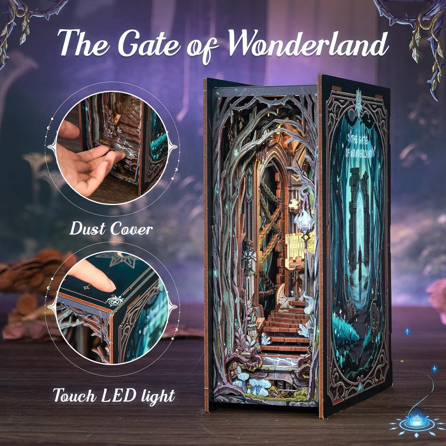 Cutefun Book Nook Kit - Decorative Bookend Alley Build Model with LED Light, DIY Miniature Dollhouse Kit 3D Wooden Puzzle for Adults, Teens, Crafts Gifts for Bookshelf Decor (The Gate of Wonderland)