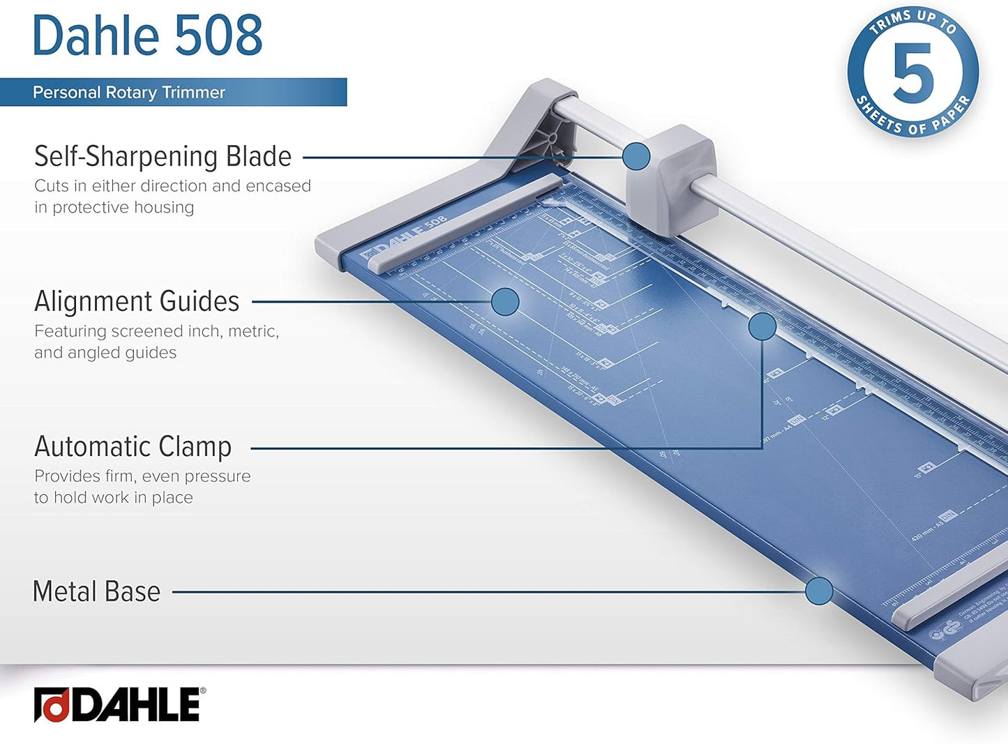 Dahle 508 Personal Rotary Trimmer, 18" Cut Length, 5 Sheet Capacity, Self-Sharpening, Automatic Clamp, German Engineered Paper Cutter