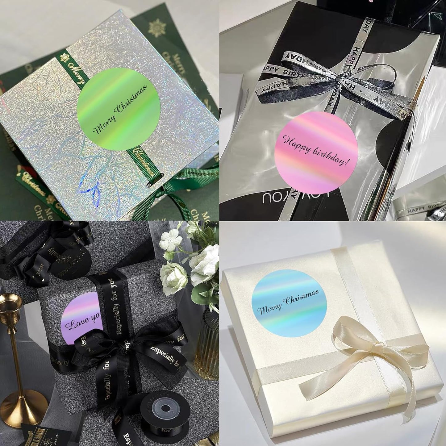 3" Circle Holographic Thermal Label Stickers, Round Printable Labels Rainbow Glitter Thermal Printer Sticker for Gift Wrapping- Spring Color/ 4 Colors