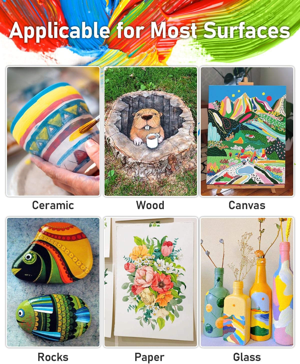 15 Colors Large Acrylic Paint Set (33.8 oz,1000 ml) Art Painting Bulk Supplies for Multi Surface Canvas Wood Leather Fabric Rock Craft, Non Toxic Paint for Kid & Adult with Pump, Color Wheel