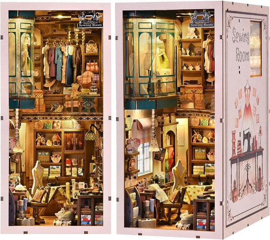Book Nook Kit - Sewing Room DIY Miniature House Dollhouse Kit for Adults and Teens, Booknook Tiny House Bookshelf Decor 3D Wooden Puzzle, Gifts for Family and Friends
