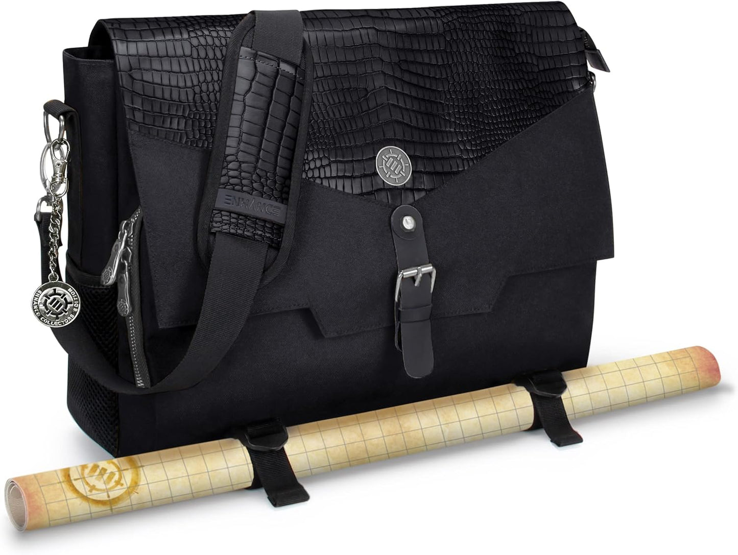ENHANCE Collector's Edition RPG Player's Essentials DnD Bag - Dragon Hide Exterior Messenger Bag Fits 2-4 Books, Binders, Dice & Accessories, with 17 inch Laptop Slot, Battlemap Straps (Dragon Black)