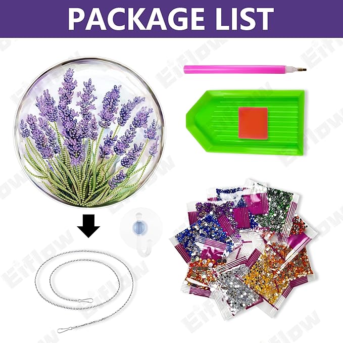 Eiflow Hanging Diamond Art Kit for Adults Lavender, Acrylic Diamonds Painting Board Kit Purple Flower, DIY Gem Art Pendant Ornament