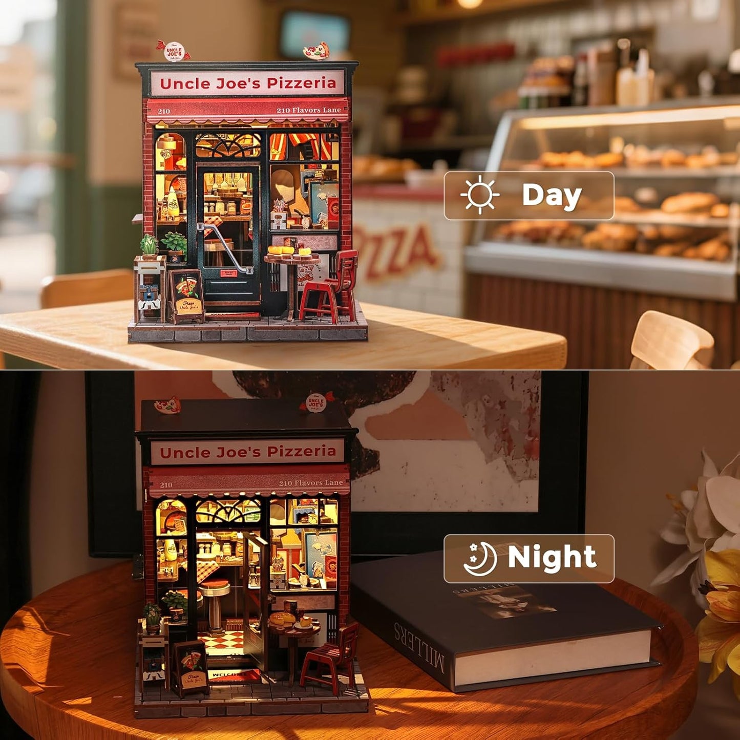 CUTEBEE Book Nook Kit - DIY Miniature House Dollhouse Kit for Adults and Teens, Booknook Tiny House Pizza Shop Bookshelf Decor 3D Wooden Puzzle, Gifts for Family, Friends (Uncle Joe's Pizzeria)