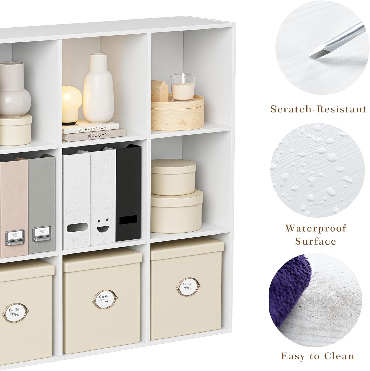 Wooden Storage Organizer with Closed Back Panel, 11in Cube Shelf Opening, Bookshelf, Display Shelf,Closet Cabinet for Home and Office (Embossed White, 9-Cube 35.98L*9.45W*35.91H)